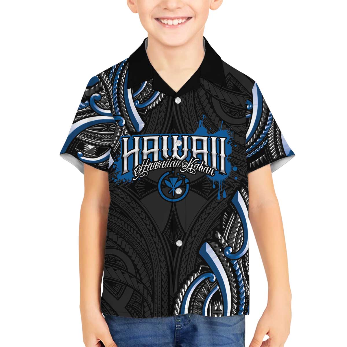 Traditional Art Hawaiian Kakau Tattoos Family Matching Off The Shoulder Long Sleeve Dress and Hawaiian Shirt Blue Color LT03 Son's Shirt Blue - Polynesian Pride