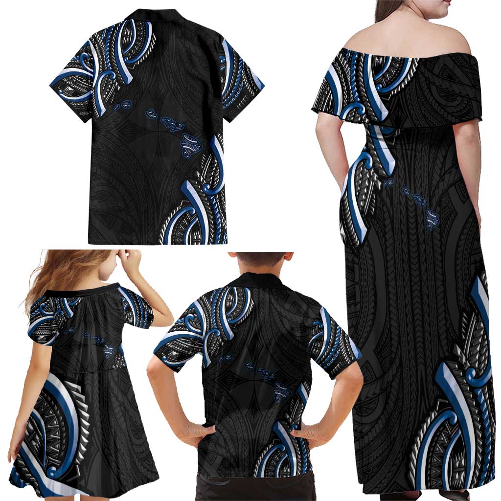 Traditional Art Hawaiian Kakau Tattoos Family Matching Off Shoulder Maxi Dress and Hawaiian Shirt Blue Color LT03 - Polynesian Pride