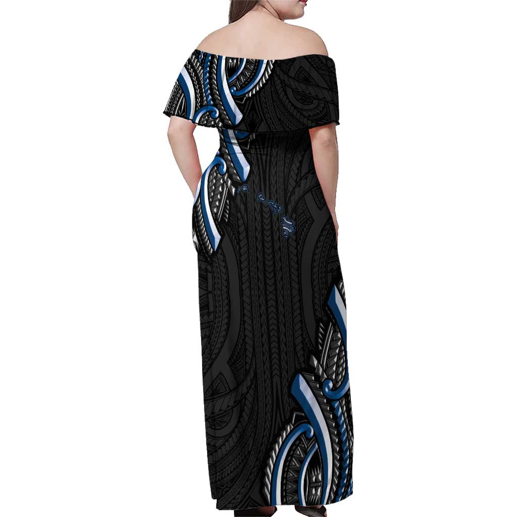 Traditional Art Hawaiian Kakau Tattoos Family Matching Off Shoulder Maxi Dress and Hawaiian Shirt Blue Color LT03 - Polynesian Pride