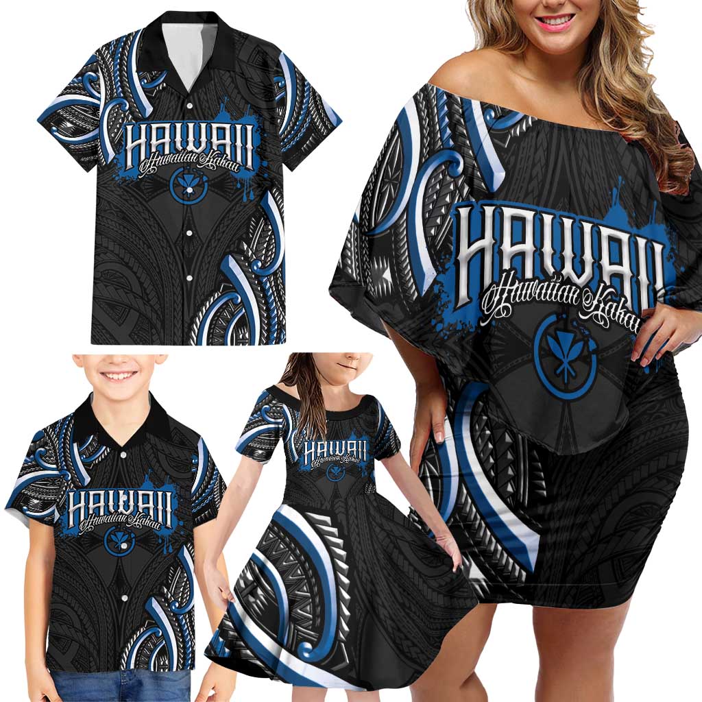 Traditional Art Hawaiian Kakau Tattoos Family Matching Off Shoulder Short Dress and Hawaiian Shirt Blue Color LT03 - Polynesian Pride