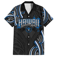 Traditional Art Hawaiian Kakau Tattoos Family Matching Off Shoulder Short Dress and Hawaiian Shirt Blue Color LT03 Dad's Shirt - Short Sleeve Blue - Polynesian Pride