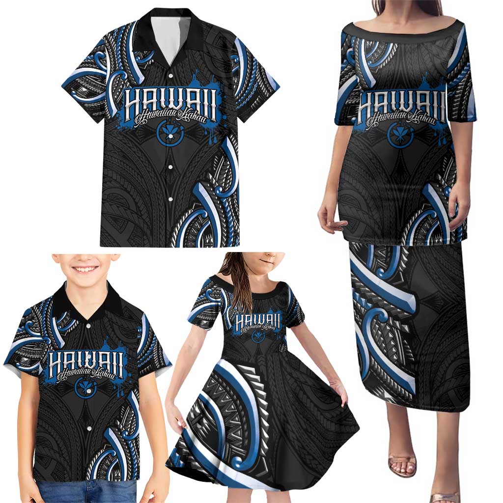 Traditional Art Hawaiian Kakau Tattoos Family Matching Puletasi and Hawaiian Shirt Blue Color LT03 - Polynesian Pride