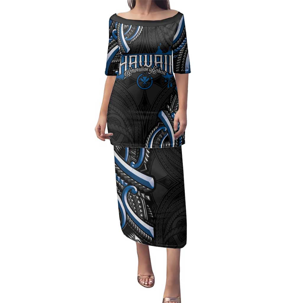 Traditional Art Hawaiian Kakau Tattoos Family Matching Puletasi and Hawaiian Shirt Blue Color LT03 Mom's Dress Blue - Polynesian Pride
