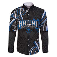Traditional Art Hawaiian Kakau Tattoos Family Matching Short Sleeve Bodycon Dress and Hawaiian Shirt Blue Color LT03 Dad's Shirt - Long Sleeve Blue - Polynesian Pride