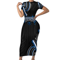 Traditional Art Hawaiian Kakau Tattoos Family Matching Short Sleeve Bodycon Dress and Hawaiian Shirt Blue Color LT03 Mom's Dress Blue - Polynesian Pride
