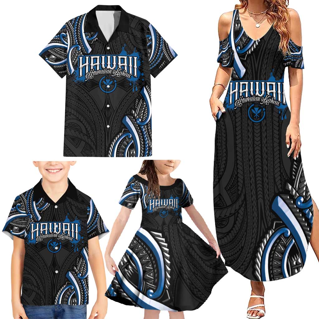 Traditional Art Hawaiian Kakau Tattoos Family Matching Summer Maxi Dress and Hawaiian Shirt Blue Color LT03 - Polynesian Pride