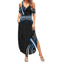 Traditional Art Hawaiian Kakau Tattoos Family Matching Summer Maxi Dress and Hawaiian Shirt Blue Color LT03 Mom's Dress Blue - Polynesian Pride