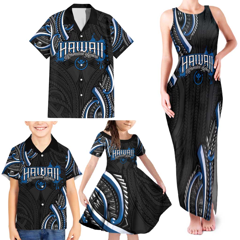 Traditional Art Hawaiian Kakau Tattoos Family Matching Tank Maxi Dress and Hawaiian Shirt Blue Color LT03 - Polynesian Pride