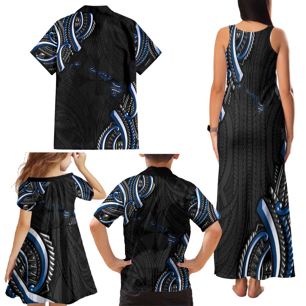 Traditional Art Hawaiian Kakau Tattoos Family Matching Tank Maxi Dress and Hawaiian Shirt Blue Color LT03 - Polynesian Pride