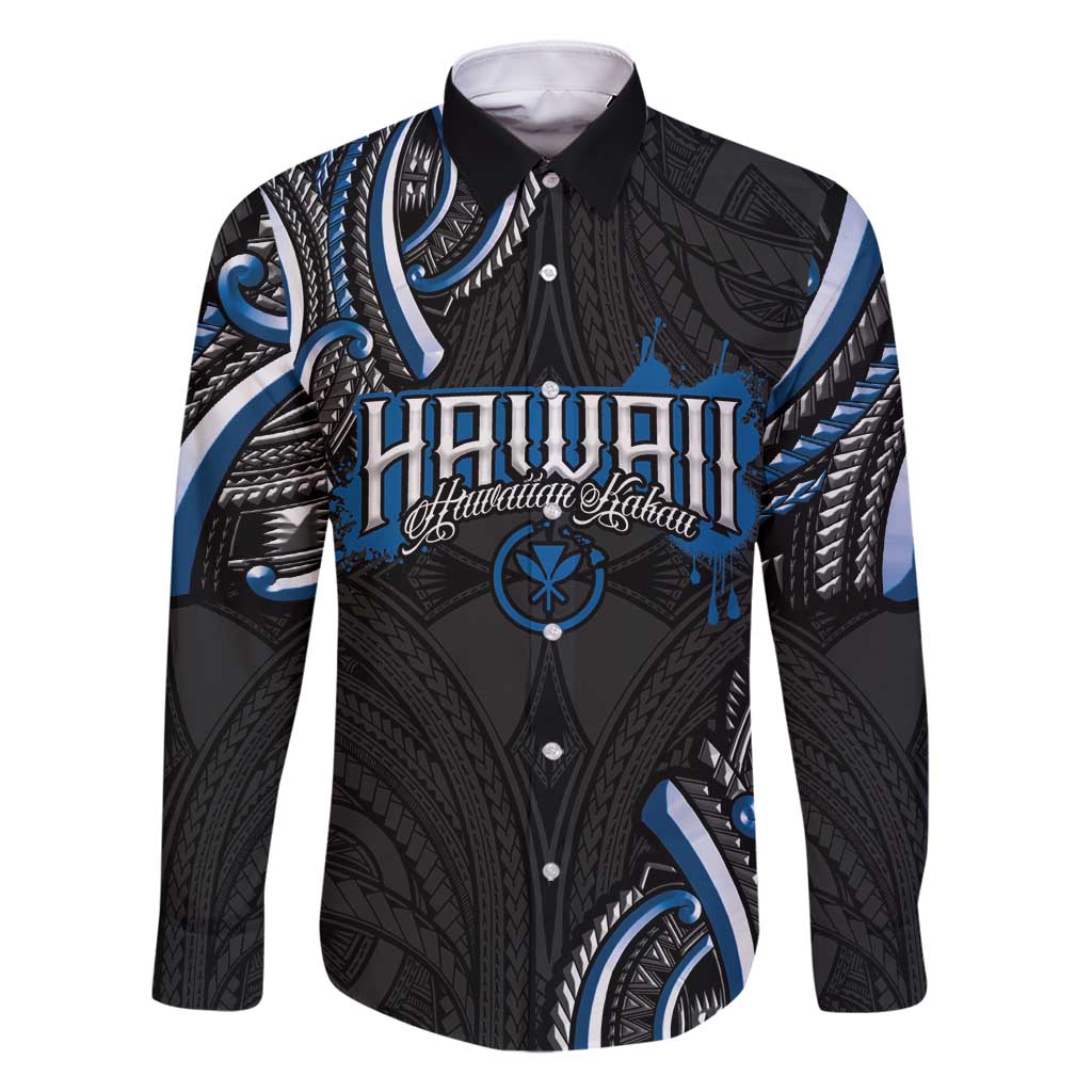 Traditional Art Hawaiian Kakau Tattoos Family Matching Tank Maxi Dress and Hawaiian Shirt Blue Color LT03 Dad's Shirt - Long Sleeve Blue - Polynesian Pride