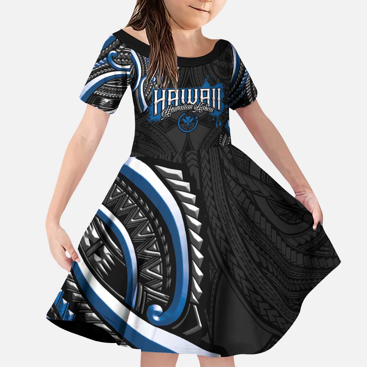 Traditional Art Hawaiian Kakau Tattoos Kid Short Sleeve Dress Blue Color - Polynesian Pride