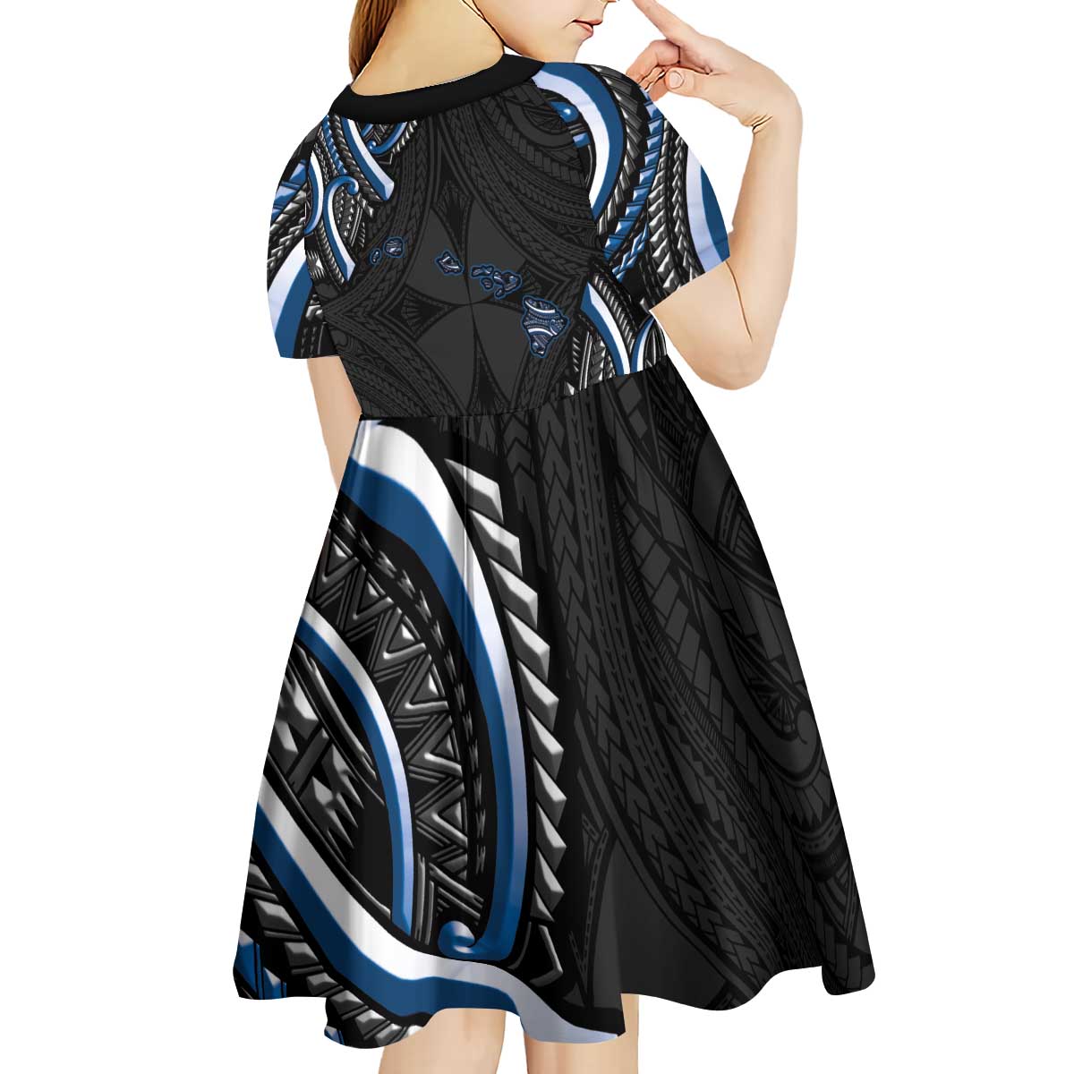 Traditional Art Hawaiian Kakau Tattoos Kid Short Sleeve Dress Blue Color - Polynesian Pride