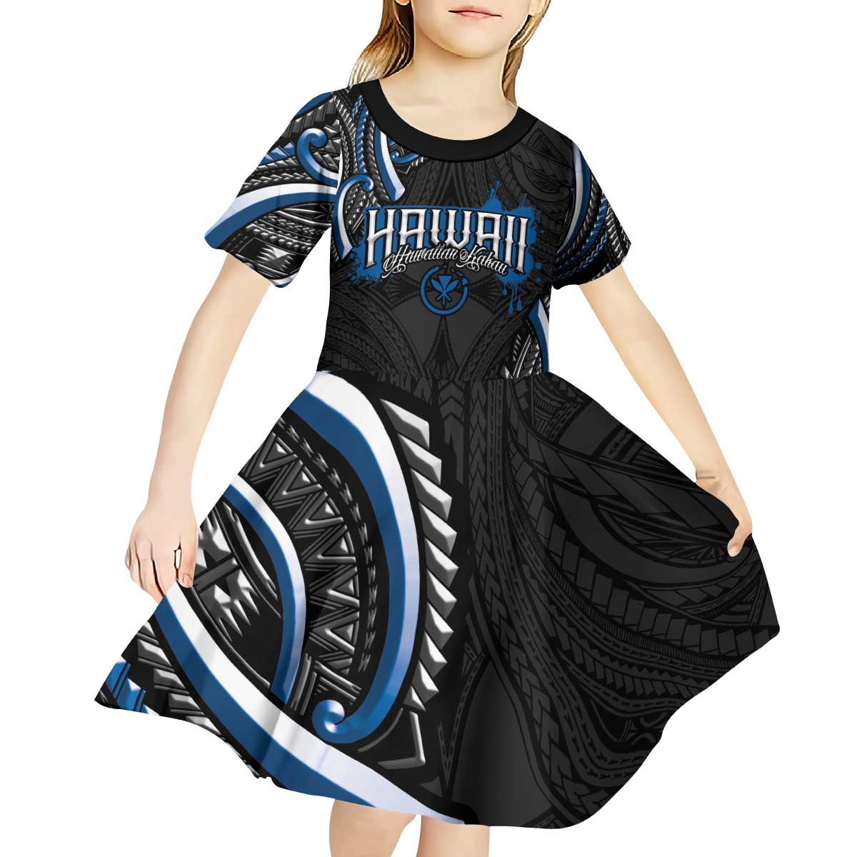 Traditional Art Hawaiian Kakau Tattoos Kid Short Sleeve Dress Blue Color - Polynesian Pride