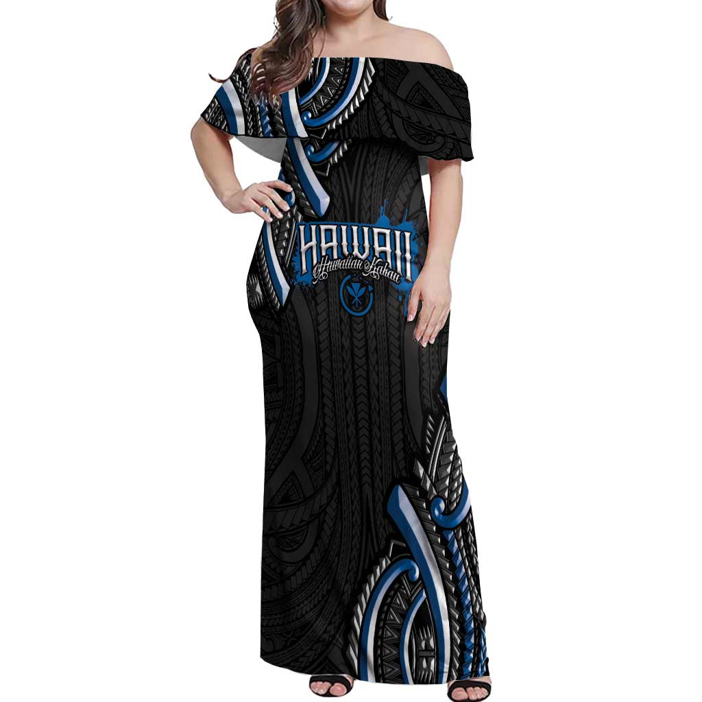 Traditional Art Hawaiian Kakau Tattoos Off Shoulder Maxi Dress Blue Color - Polynesian Pride
