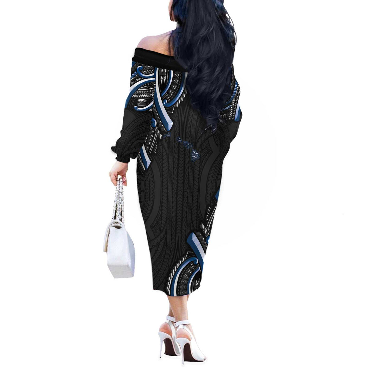 Traditional Art Hawaiian Kakau Tattoos Off The Shoulder Long Sleeve Dress Blue Color - Polynesian Pride