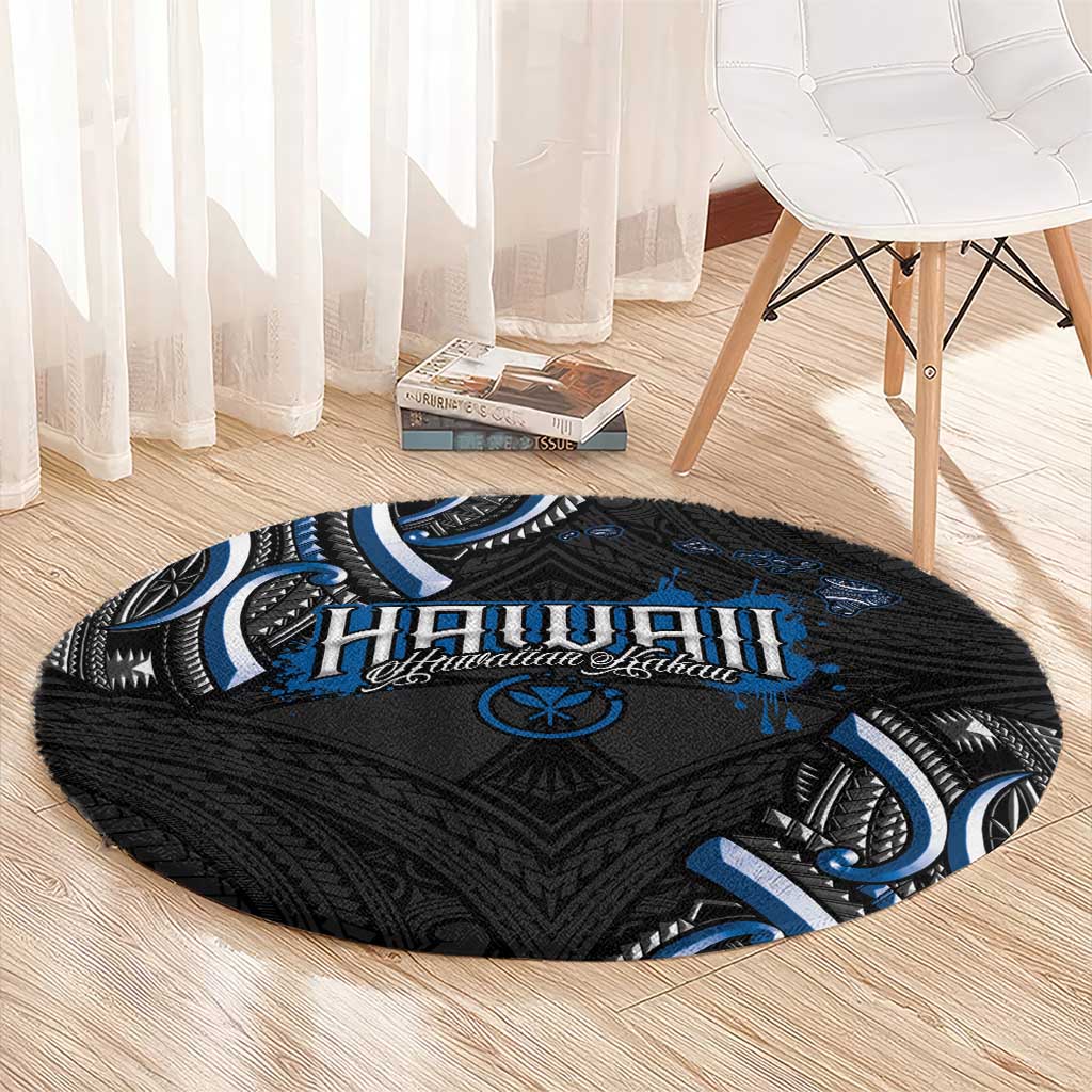 Traditional Art Hawaiian Kakau Tattoos Round Carpet Blue Color - Polynesian Pride