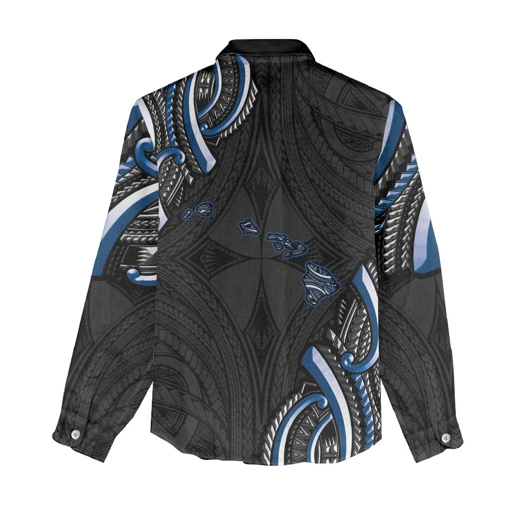 Traditional Art Hawaiian Kakau Tattoos Women Casual Shirt Blue Color - Polynesian Pride