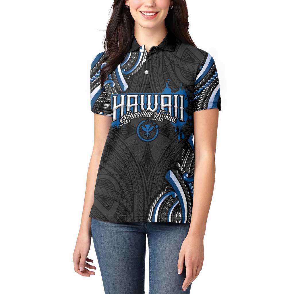Traditional Art Hawaiian Kakau Tattoos Women Polo Shirt Blue Color - Polynesian Pride