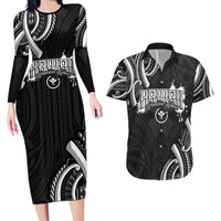 Traditional Art Hawaiian Kakau Tattoos Couples Matching Long Sleeve Bodycon Dress and Hawaiian Shirt White LT03 White - Polynesian Pride