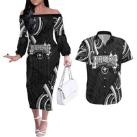 Traditional Art Hawaiian Kakau Tattoos Couples Matching Off The Shoulder Long Sleeve Dress and Hawaiian Shirt White LT03 White - Polynesian Pride