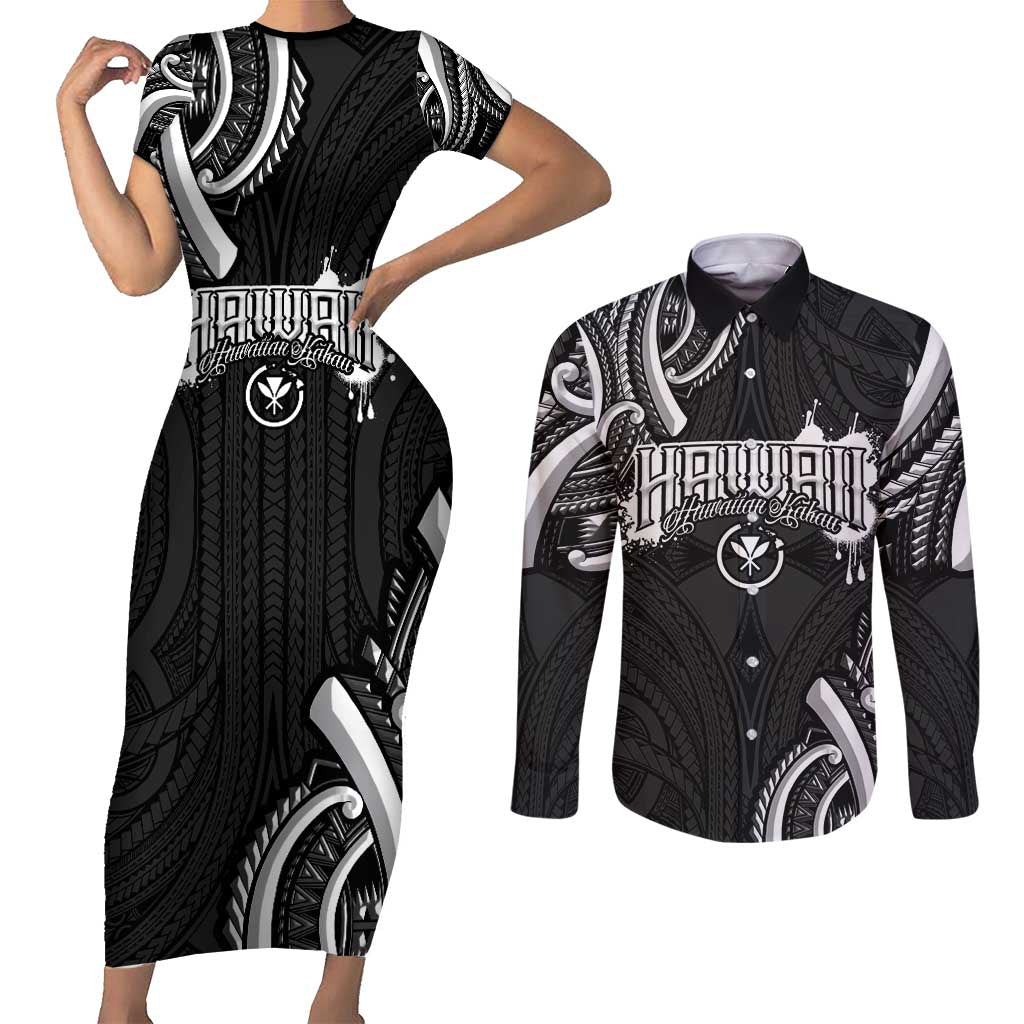 Traditional Art Hawaiian Kakau Tattoos Couples Matching Short Sleeve Bodycon Dress and Long Sleeve Button Shirt White LT03 White - Polynesian Pride