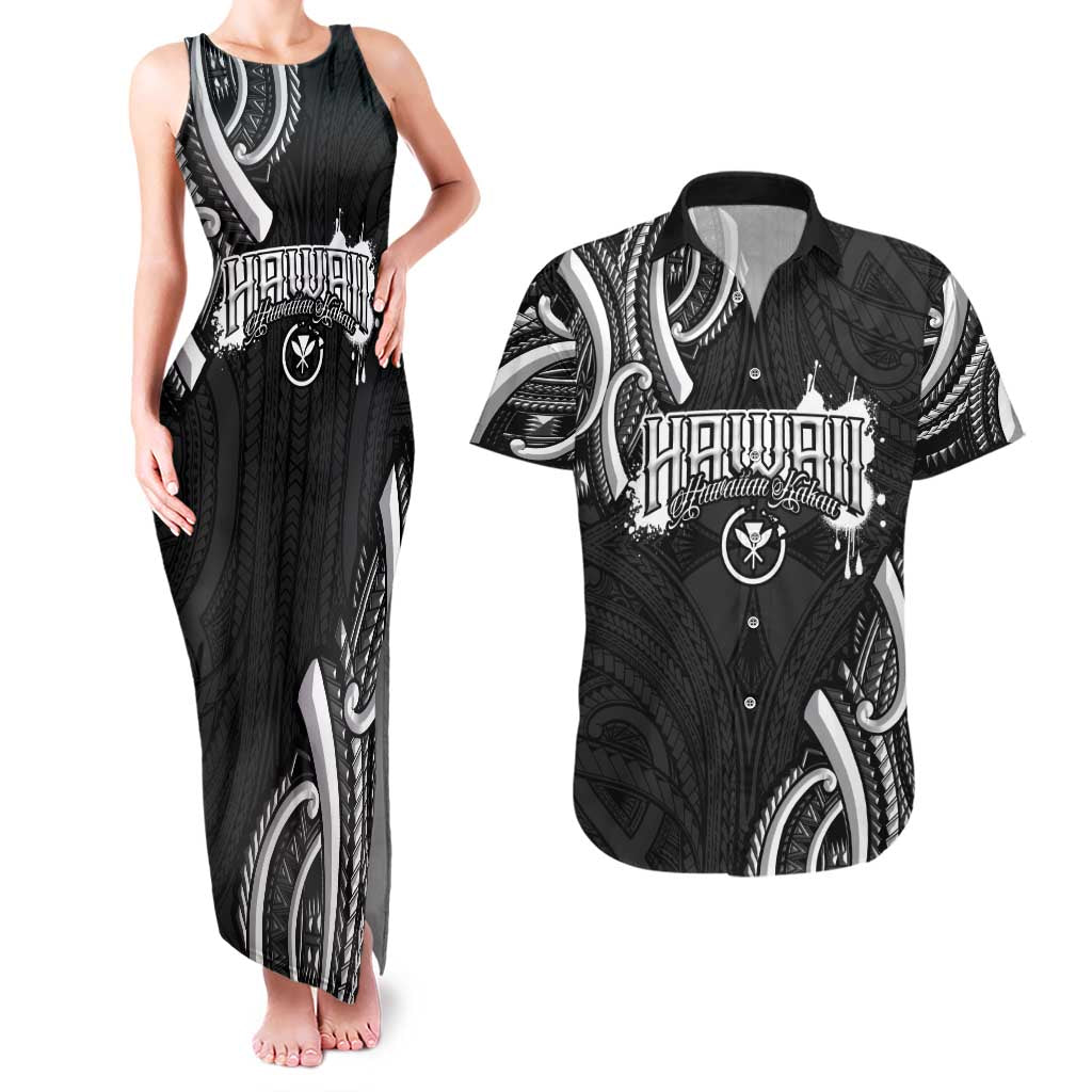 Traditional Art Hawaiian Kakau Tattoos Couples Matching Tank Maxi Dress and Hawaiian Shirt White - Polynesian Pride