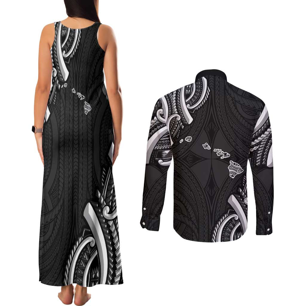 Traditional Art Hawaiian Kakau Tattoos Couples Matching Tank Maxi Dress and Long Sleeve Button Shirt White - Polynesian Pride