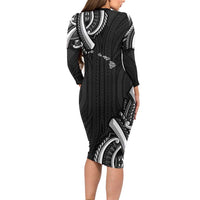 Traditional Art Hawaiian Kakau Tattoos Family Matching Long Sleeve Bodycon Dress and Hawaiian Shirt White LT03 - Polynesian Pride