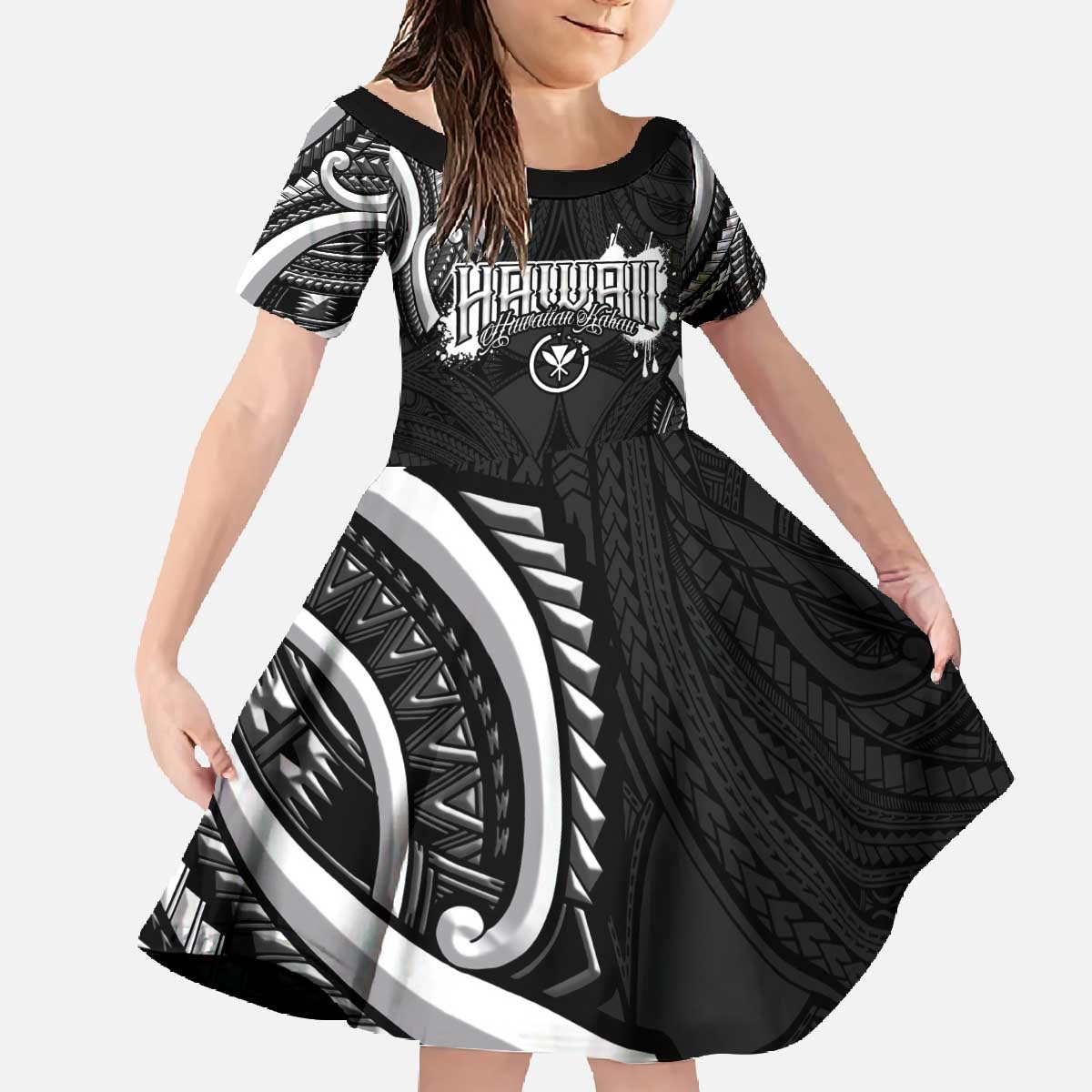 Traditional Art Hawaiian Kakau Tattoos Family Matching Off The Shoulder Long Sleeve Dress and Hawaiian Shirt White LT03 Daughter's Dress White - Polynesian Pride