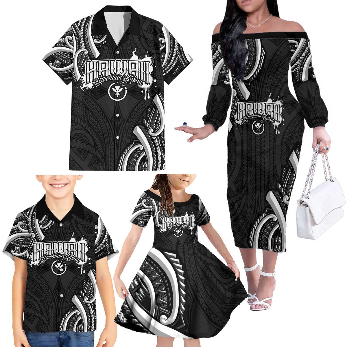 Traditional Art Hawaiian Kakau Tattoos Family Matching Off The Shoulder Long Sleeve Dress and Hawaiian Shirt White LT03 - Polynesian Pride