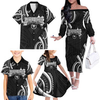 Traditional Art Hawaiian Kakau Tattoos Family Matching Off The Shoulder Long Sleeve Dress and Hawaiian Shirt White LT03 - Polynesian Pride
