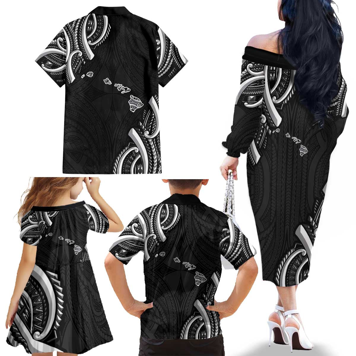 Traditional Art Hawaiian Kakau Tattoos Family Matching Off The Shoulder Long Sleeve Dress and Hawaiian Shirt White LT03 - Polynesian Pride