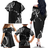 Traditional Art Hawaiian Kakau Tattoos Family Matching Off The Shoulder Long Sleeve Dress and Hawaiian Shirt White LT03 - Polynesian Pride
