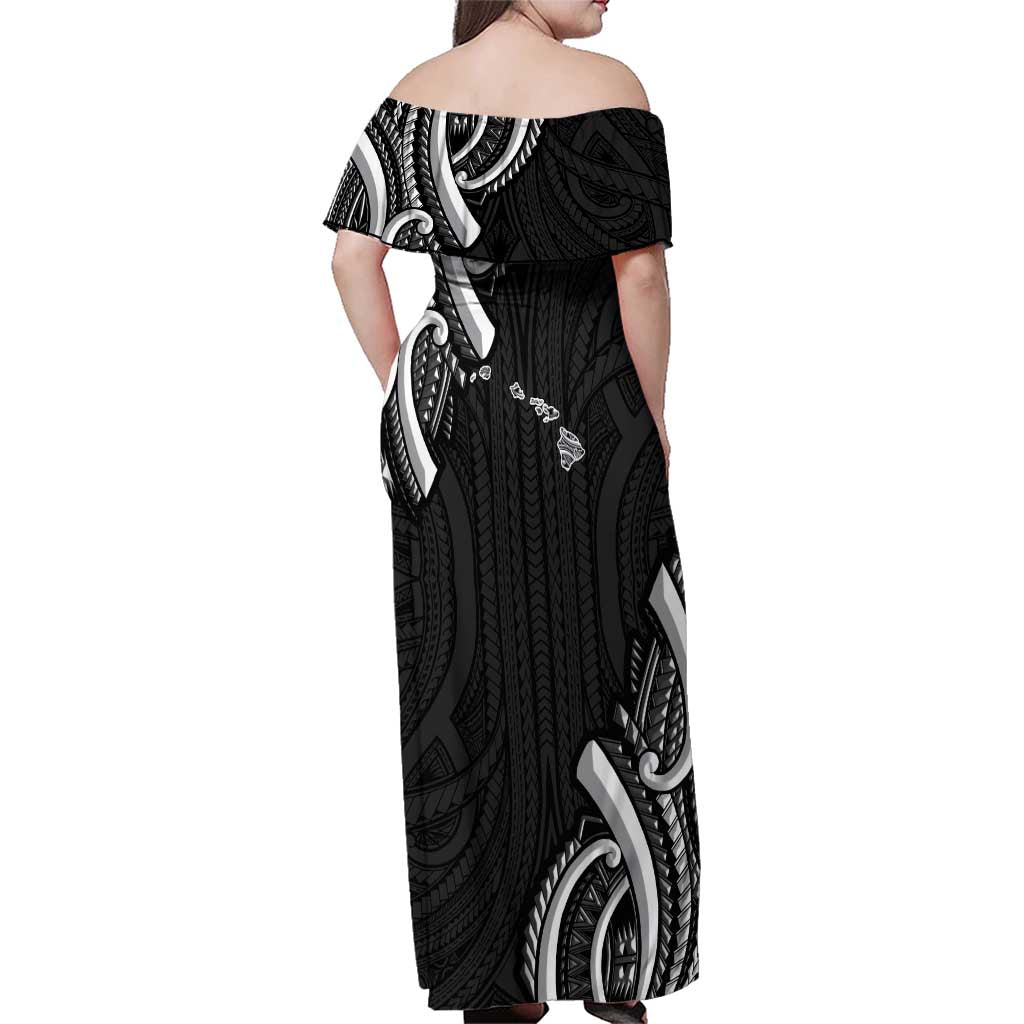 Traditional Art Hawaiian Kakau Tattoos Family Matching Off Shoulder Maxi Dress and Hawaiian Shirt White LT03 - Polynesian Pride