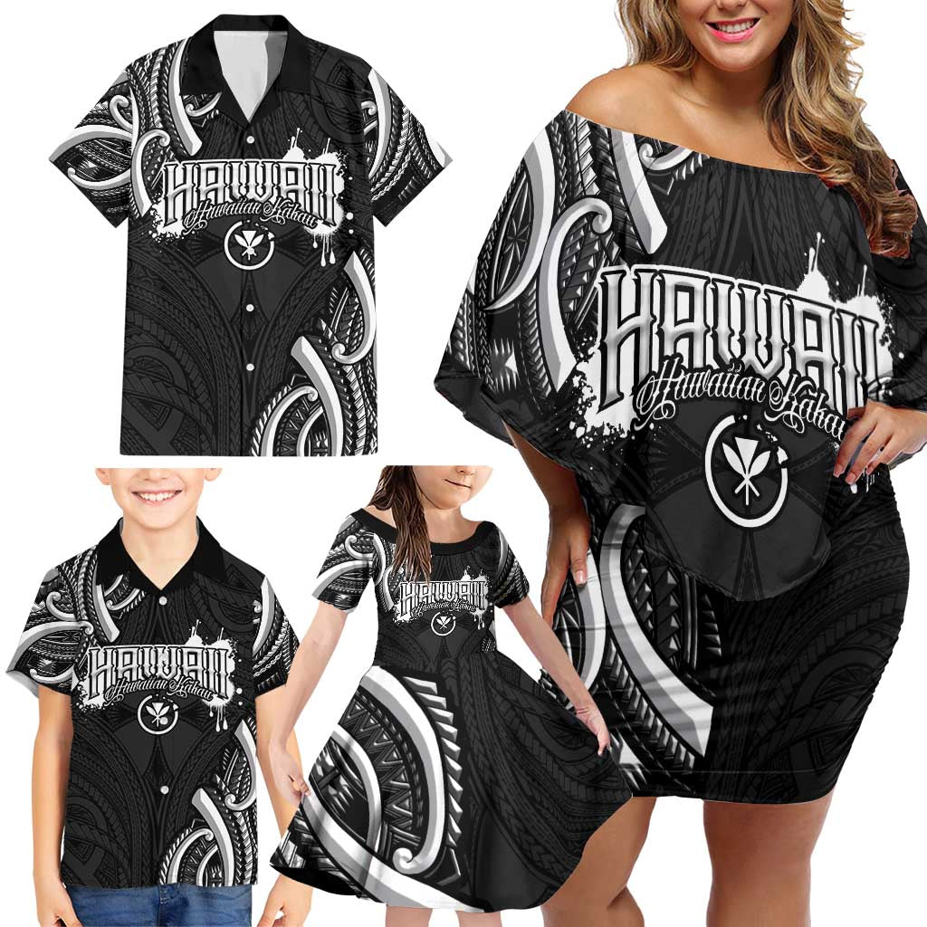 Traditional Art Hawaiian Kakau Tattoos Family Matching Off Shoulder Short Dress and Hawaiian Shirt White LT03 - Polynesian Pride