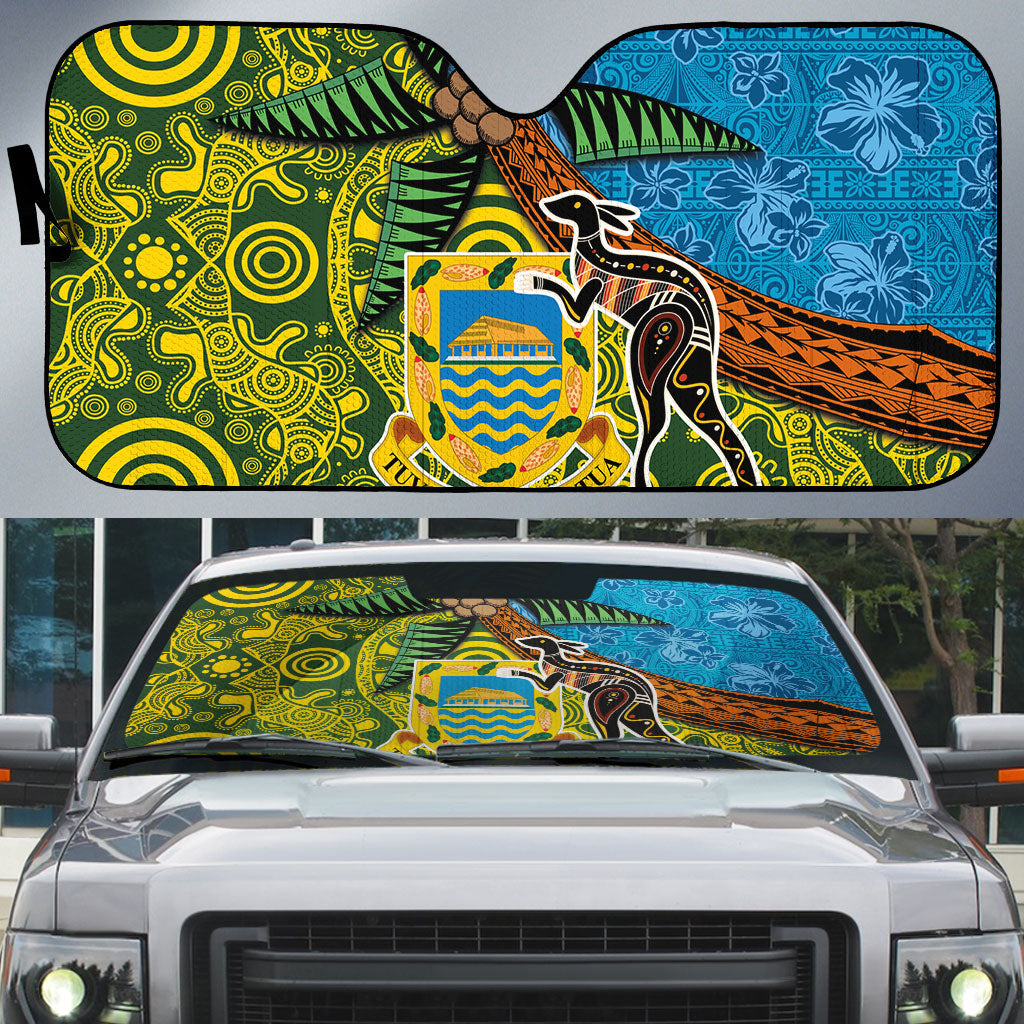 Tuvalu and Australia Together Auto Sun Shade Tapa Pattern and Aboriginal mix Culture LT03 Multicolor - Polynesian Pride