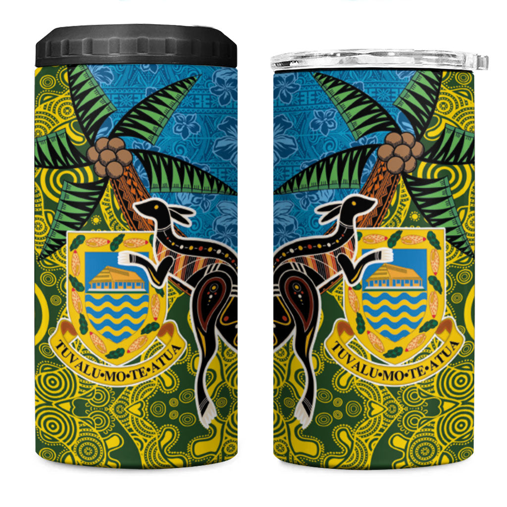 Tuvalu and Australia Together 4 in 1 Can Cooler Tumbler Tapa Pattern and Aboriginal mix Culture
