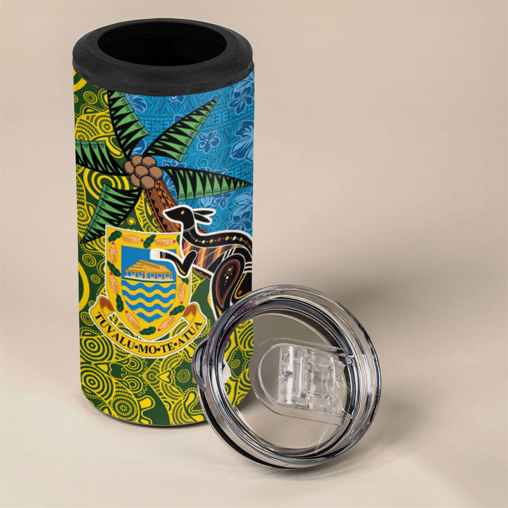 Tuvalu and Australia Together 4 in 1 Can Cooler Tumbler Tapa Pattern and Aboriginal mix Culture
