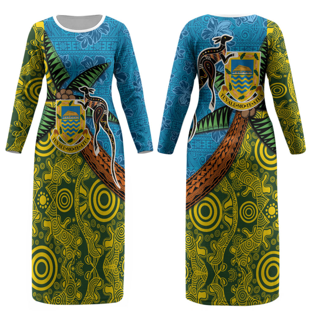 Tuvalu and Australia Together Couples Matching Long Sleeve Bodycon Dress and Long Sleeve Button Shirt Tapa Pattern and Aboriginal mix Culture