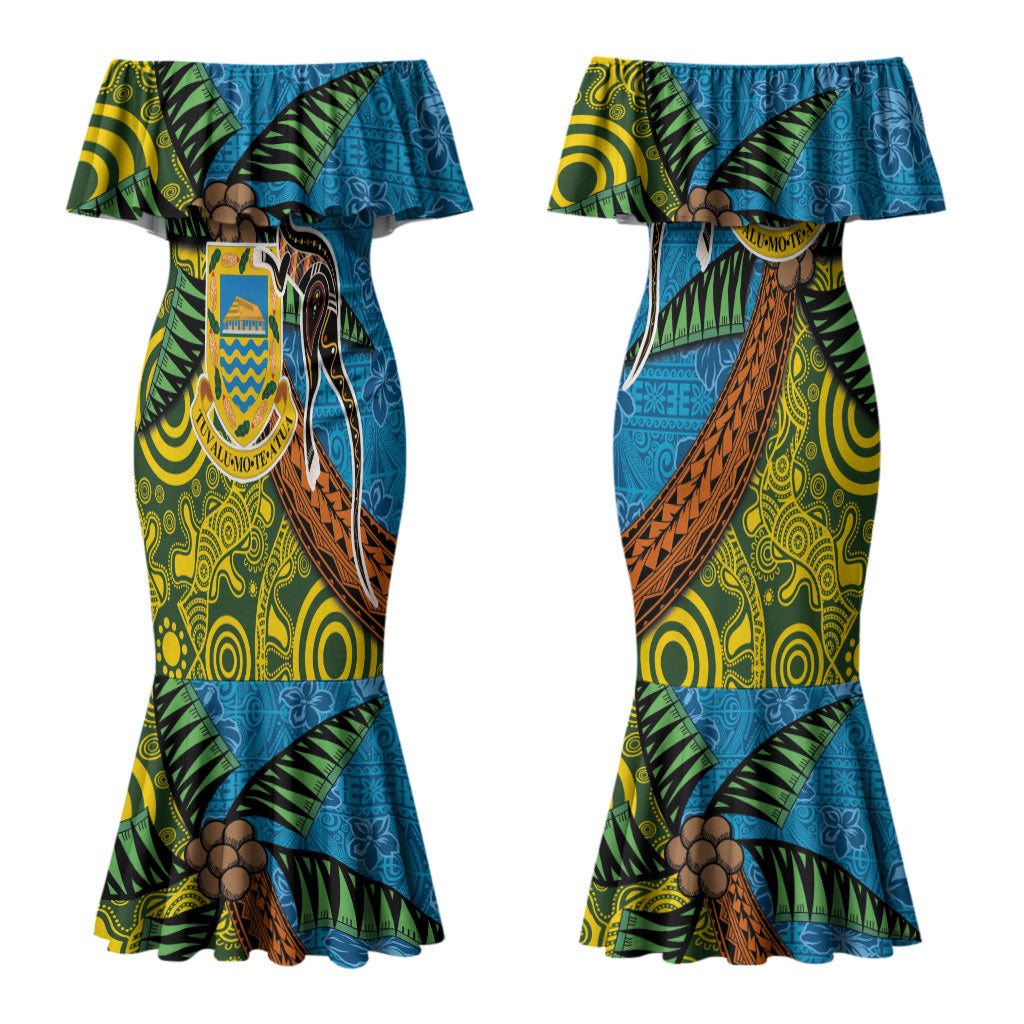 Tuvalu and Australia Together Couples Matching Mermaid Dress and Hawaiian Shirt Tapa Pattern and Aboriginal mix Culture