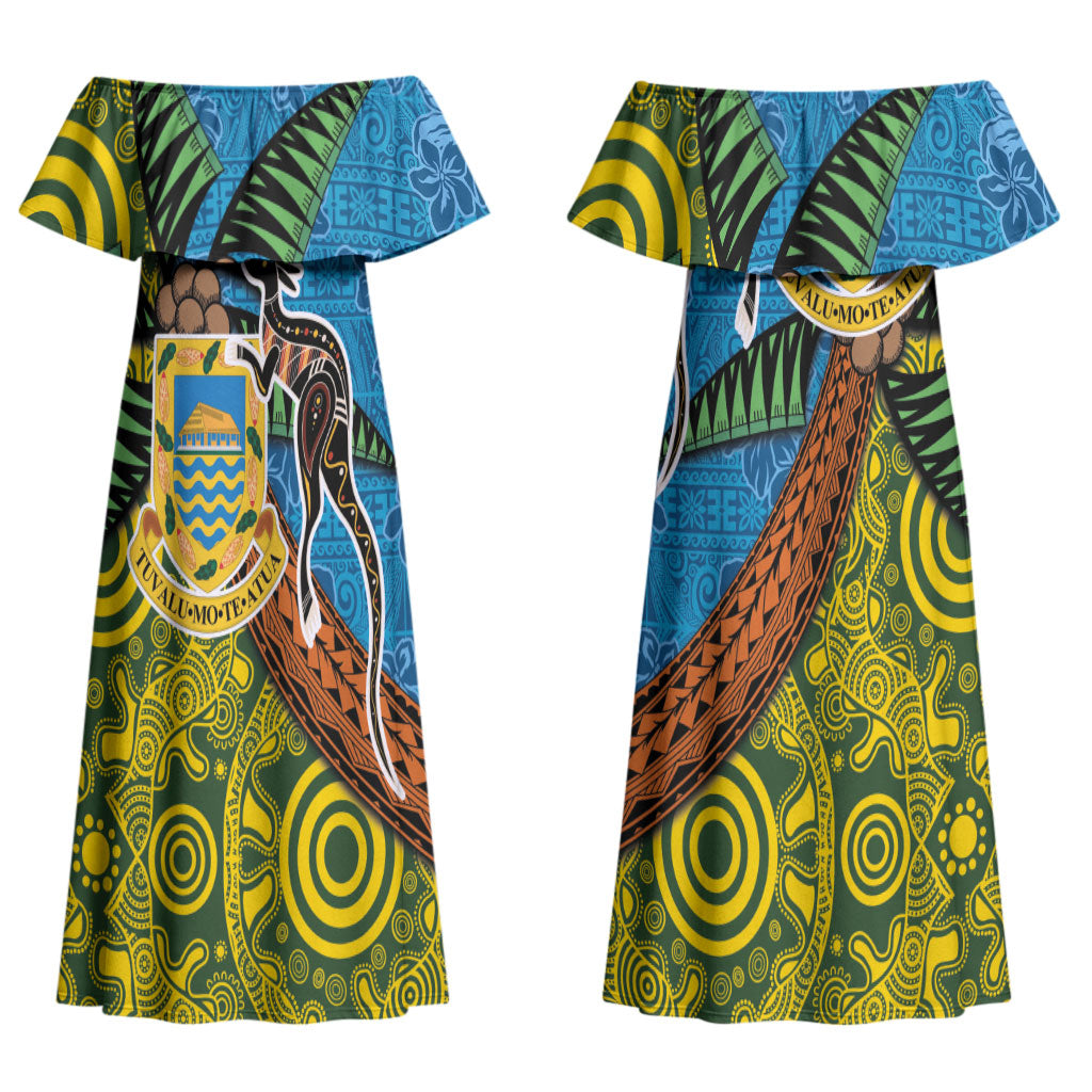 Tuvalu and Australia Together Couples Matching Off Shoulder Maxi Dress and Hawaiian Shirt Tapa Pattern and Aboriginal mix Culture