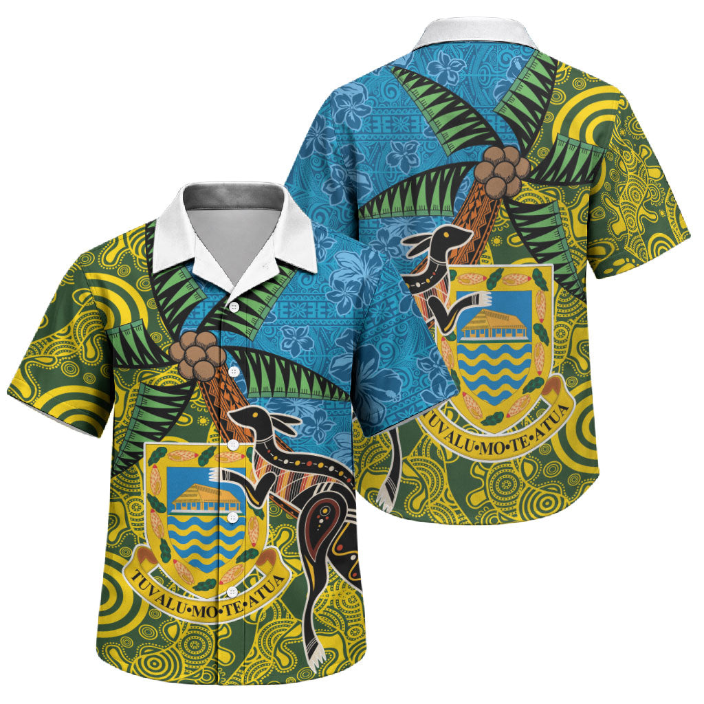 Tuvalu and Australia Together Family Matching Off The Shoulder Long Sleeve Dress and Hawaiian Shirt Tapa Pattern and Aboriginal mix Culture