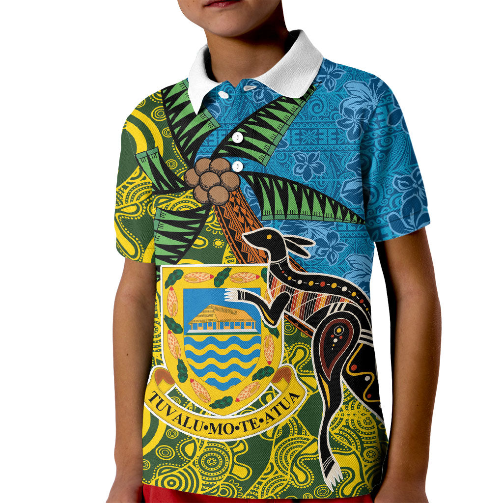 Tuvalu and Australia Together Kid Polo Shirt Tapa Pattern and Aboriginal mix Culture
