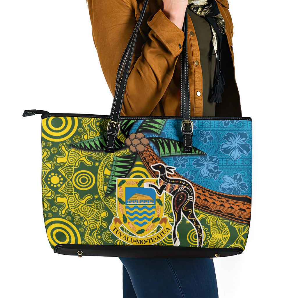 Tuvalu and Australia Together Leather Tote Bag Tapa Pattern and Aboriginal mix Culture