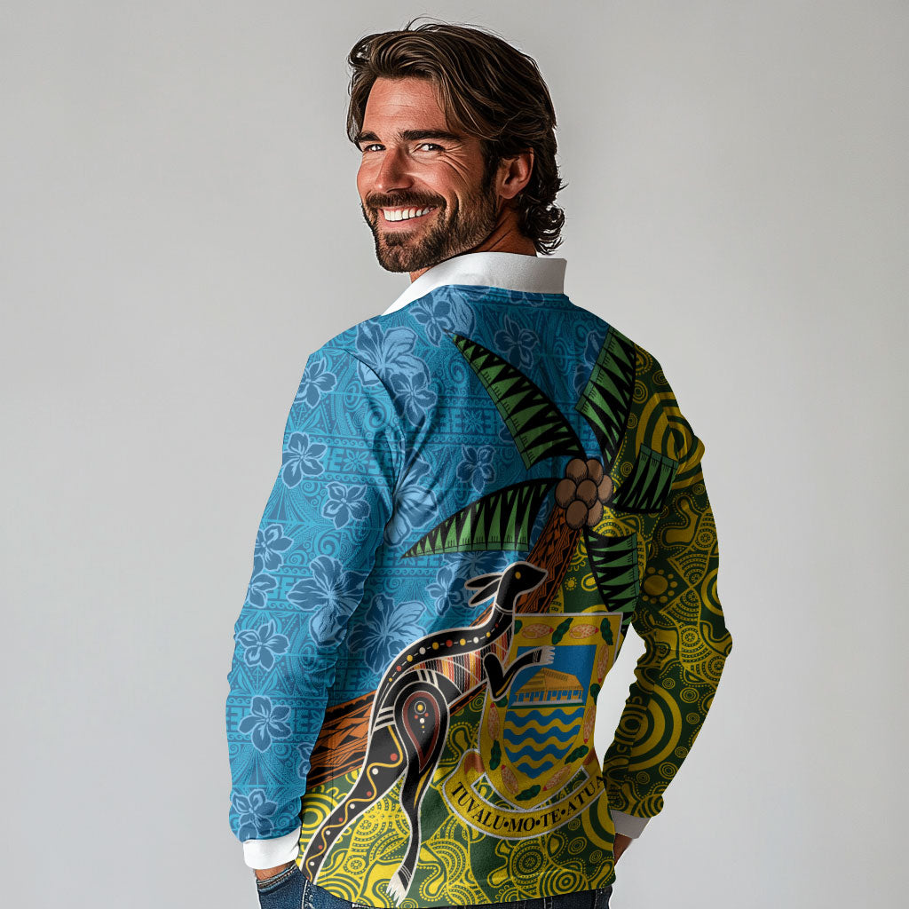 Tuvalu and Australia Together Long Sleeve Polo Shirt Tapa Pattern and Aboriginal mix Culture
