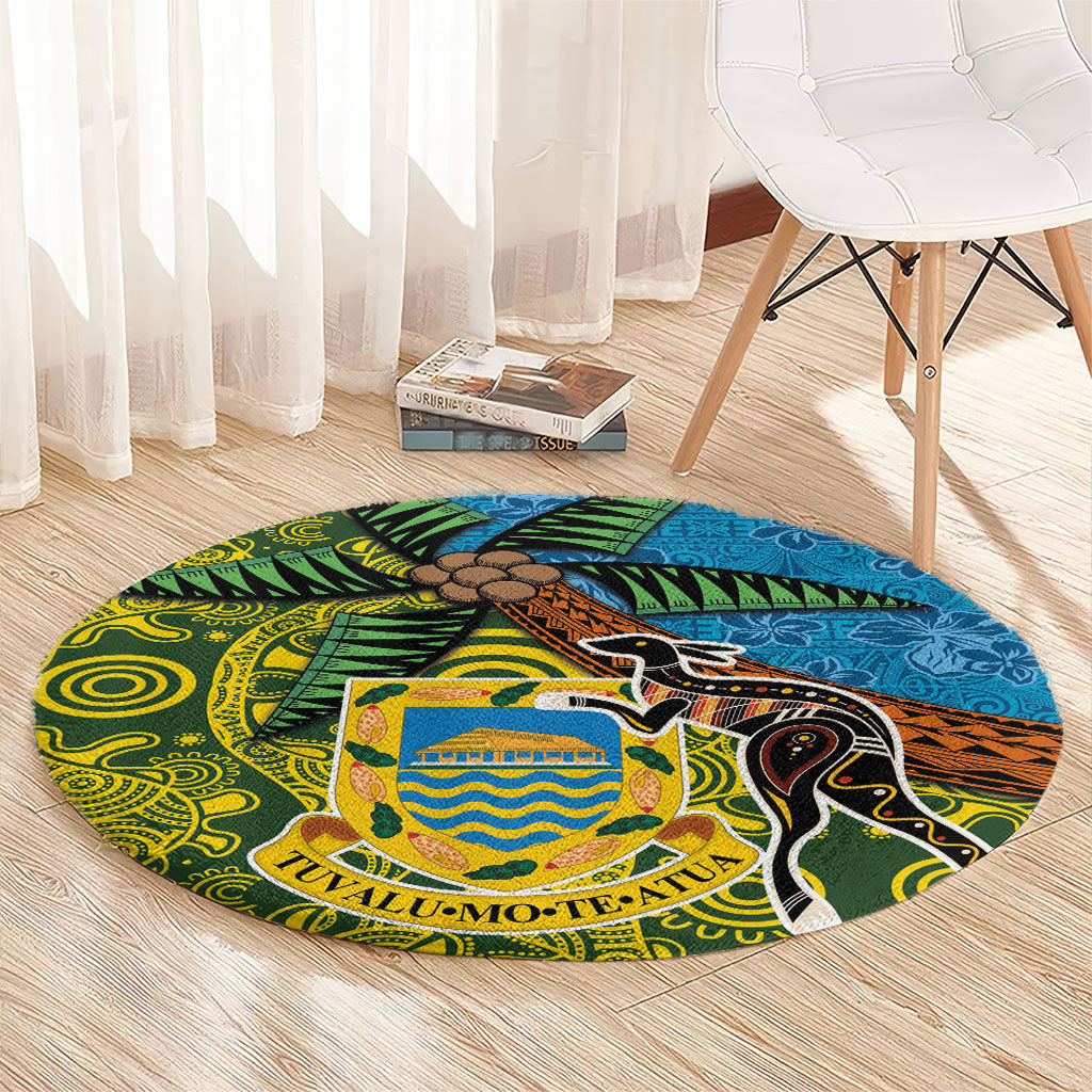 Tuvalu and Australia Together Round Carpet Tapa Pattern and Aboriginal mix Culture