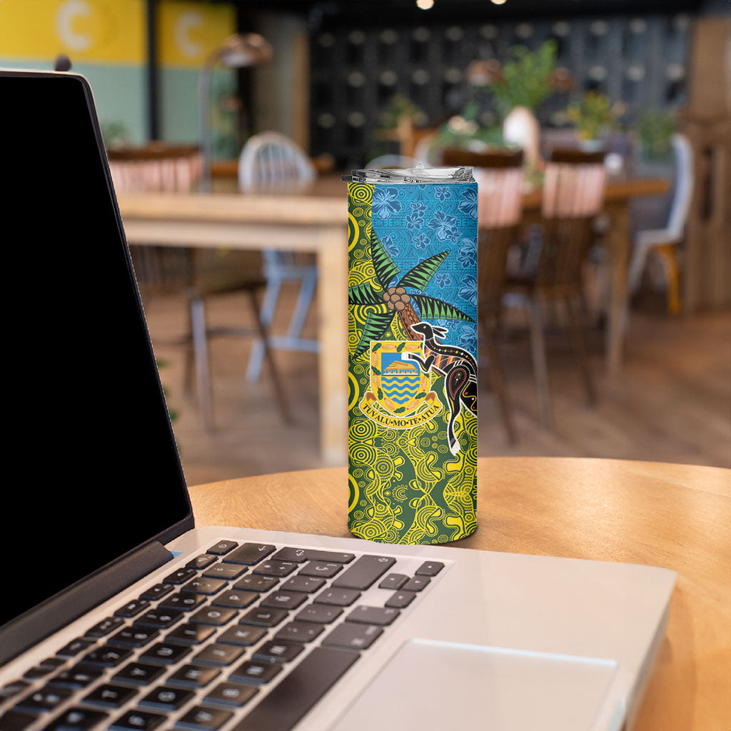 Tuvalu and Australia Together Skinny Tumbler Tapa Pattern and Aboriginal mix Culture