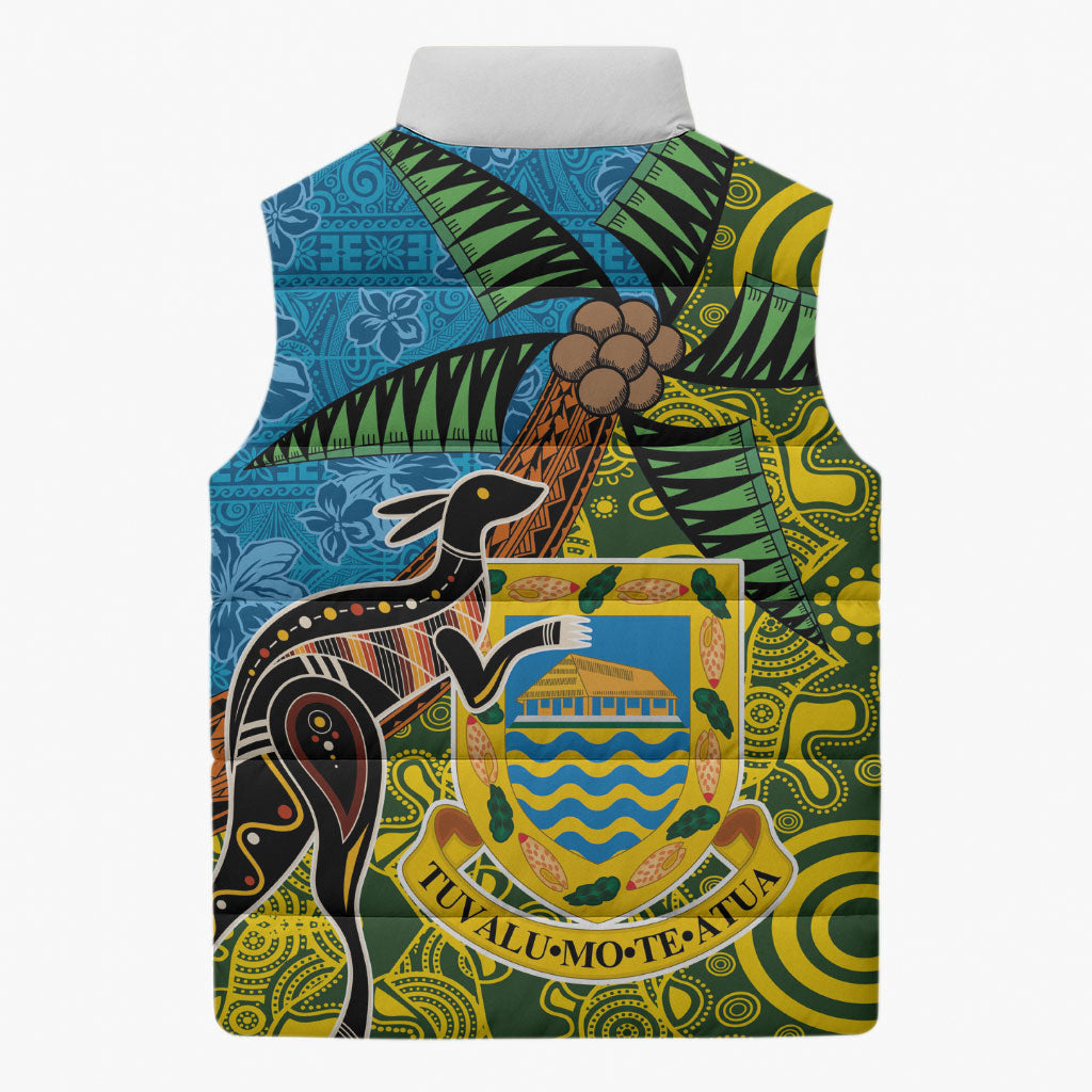 Tuvalu and Australia Together Sleeveless Puffer Jacket Tapa Pattern and Aboriginal mix Culture