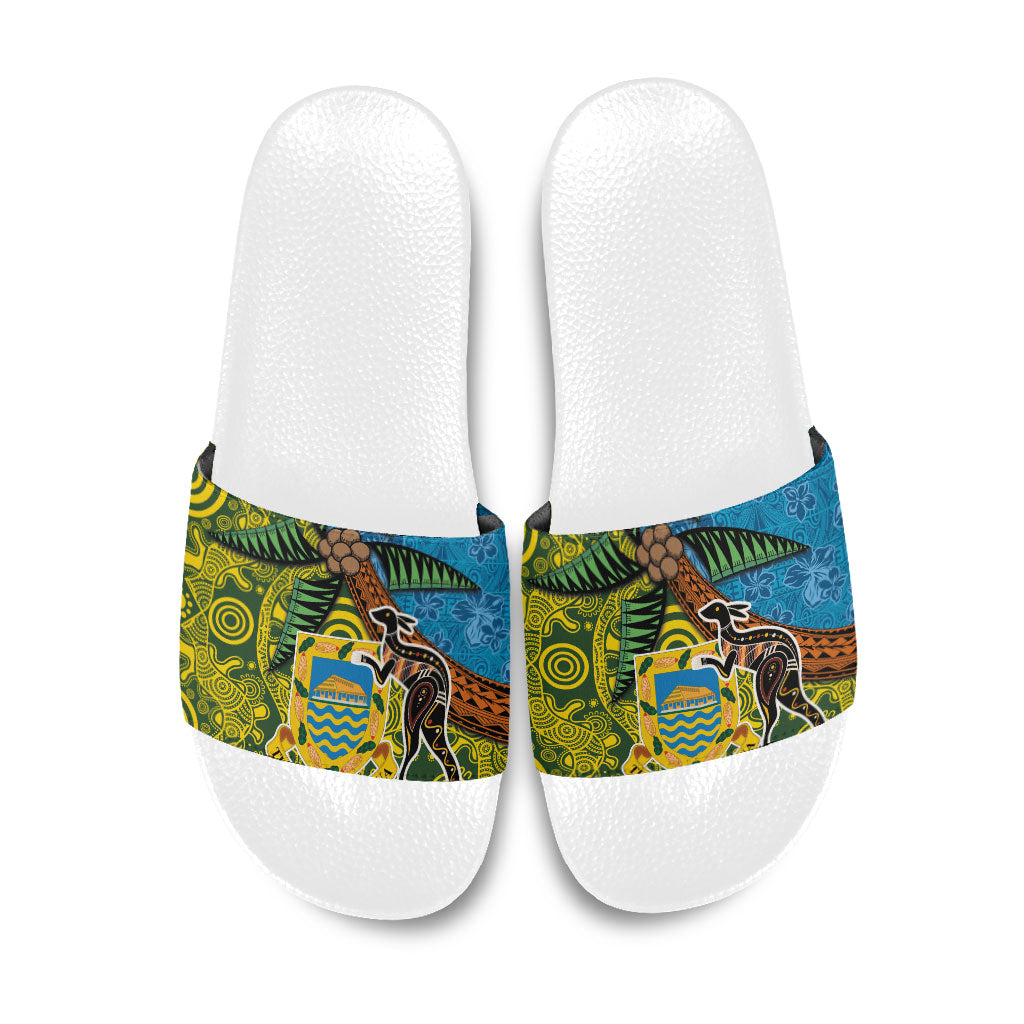 Tuvalu and Australia Together Slide Sandals Tapa Pattern and Aboriginal mix Culture