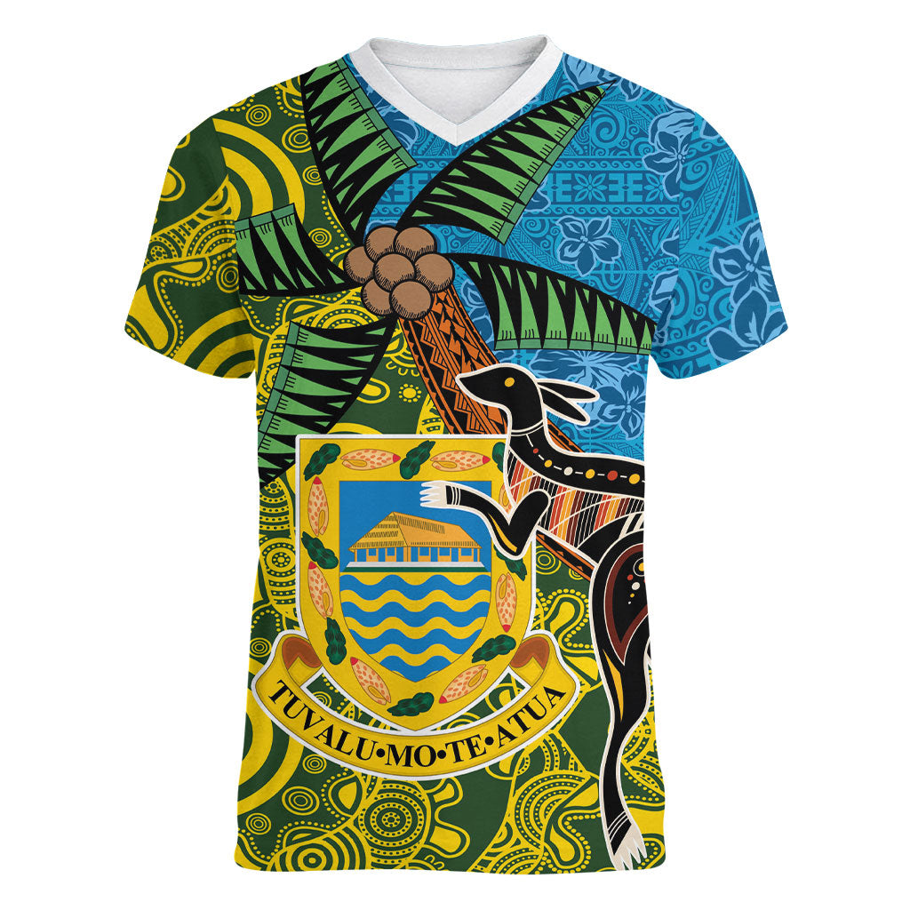 Tuvalu and Australia Together Women V-Neck T-Shirt Tapa Pattern and Aboriginal mix Culture